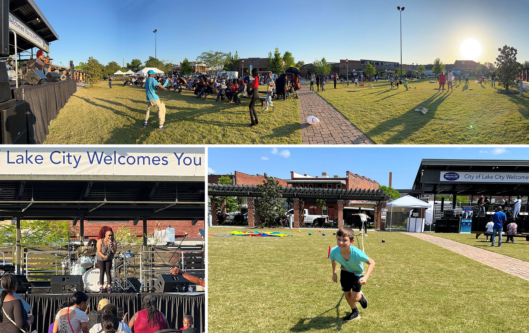 Village Green - Montage of the stage with band, and children playing games on the green